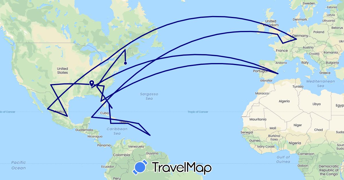 TravelMap itinerary: driving in Barbados, Bahamas, Canada, Germany, Dominican Republic, Spain, France, United Kingdom, Jamaica, Mexico, United States (Europe, North America)
